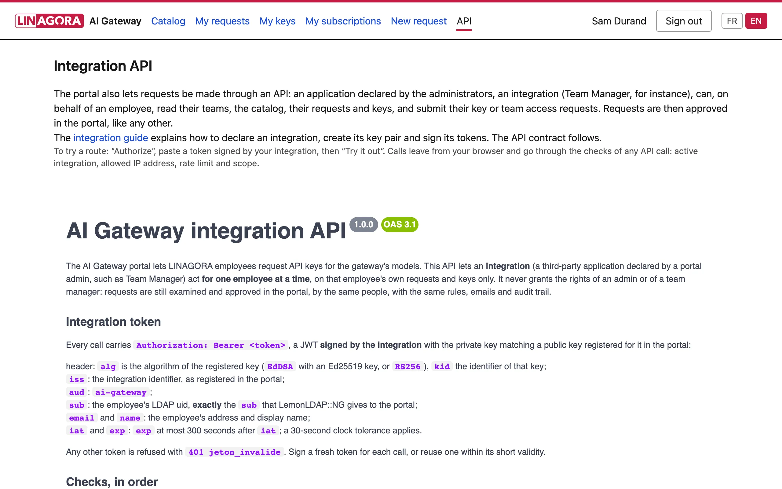 Documentation de l'API d'intégration dans Swagger UI, chaque route est documentée en OpenAPI 3.1.