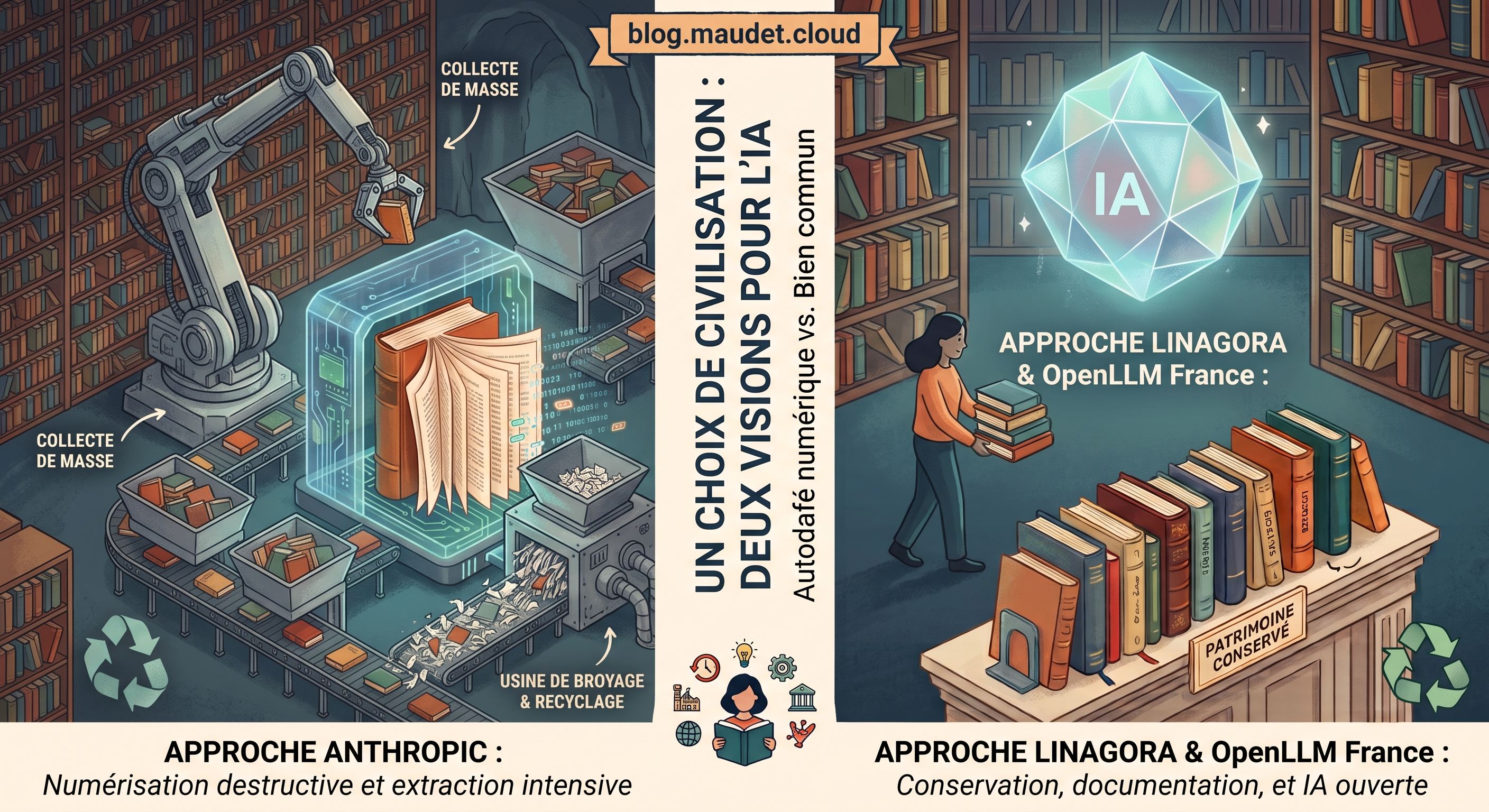 Deux visions pour l'IA, à gauche l'usine qui broie les livres pour en extraire des tokens, à droite la bibliothèque documentée et conservée comme bien commun.