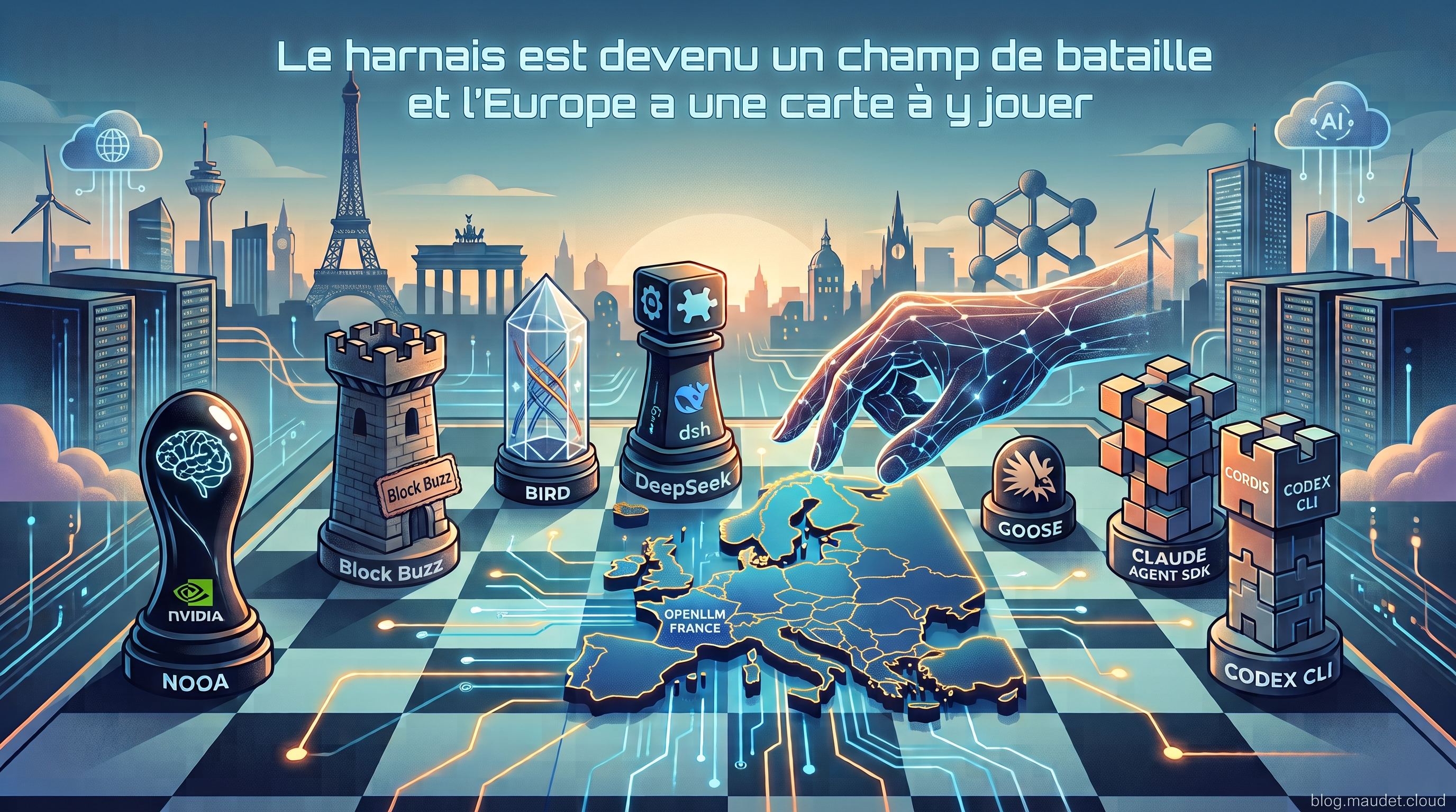 L'échiquier des harnais, NOOA, Buzz, Bird, DeepSeek dsh, Goose, Claude Agent SDK, Codex CLI, et une main qui vient poser une carte européenne au milieu.