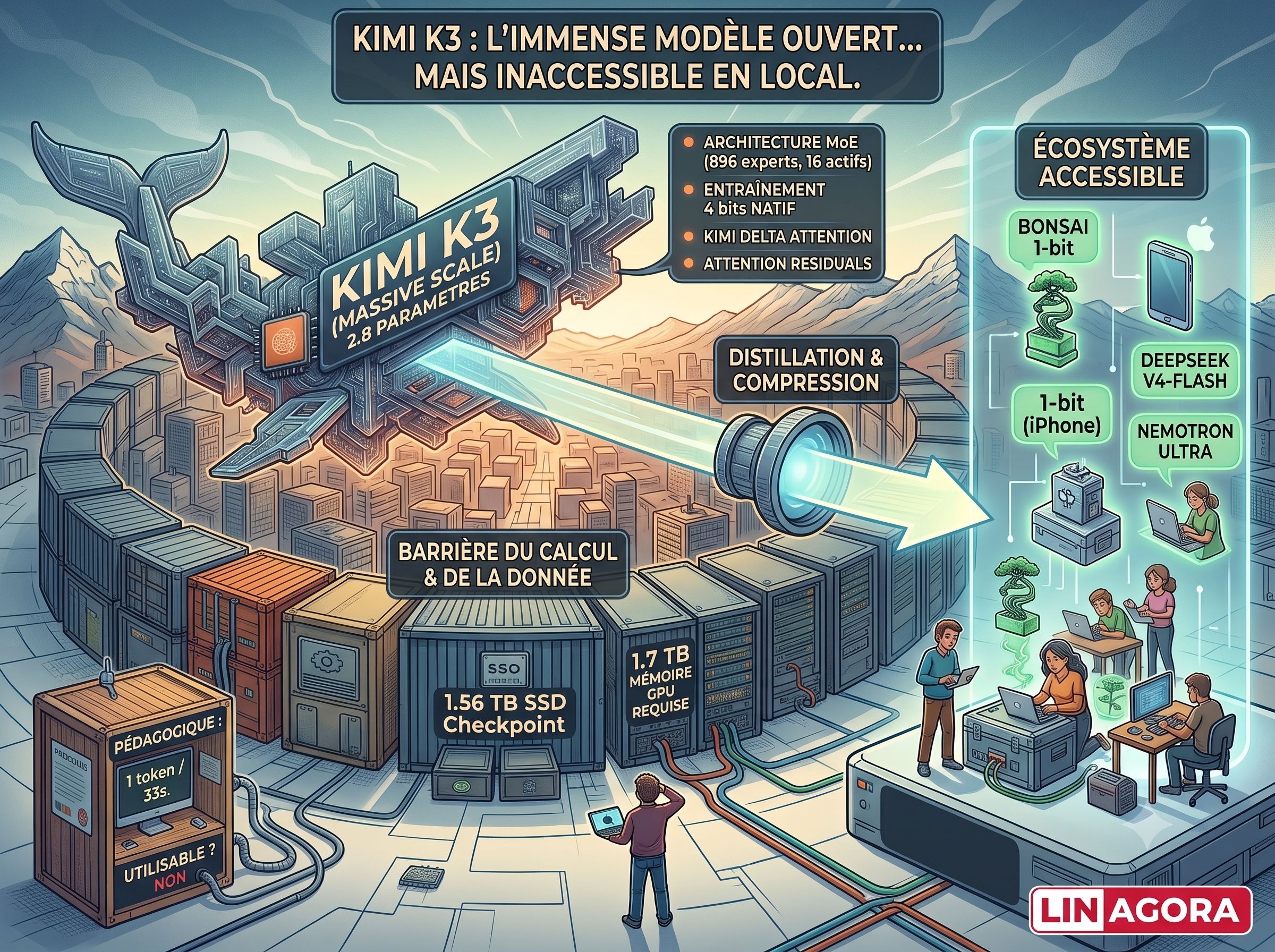 Kimi K3, l'immense modèle ouvert. La barrière n'est plus la performance, c'est la place et la bande passante pour aller chercher les bons octets à temps.