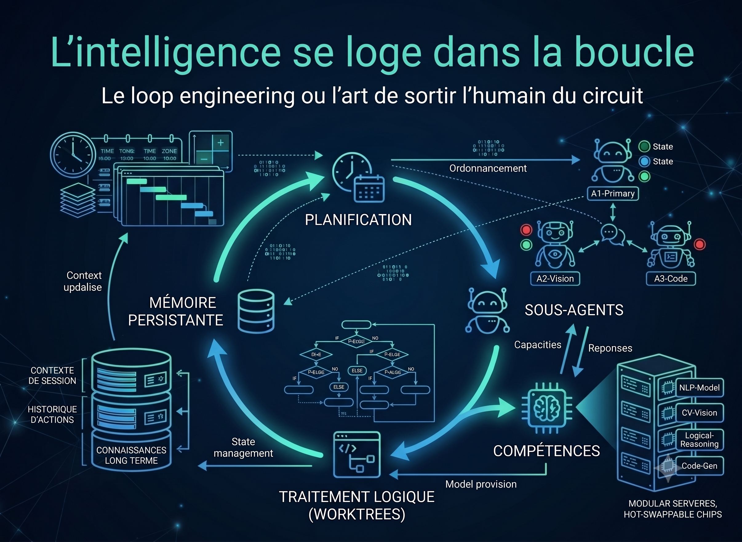 L'intelligence se loge dans la boucle. À modèle constant, un meilleur harnais bat un modèle plus gros. Et c'est du logiciel ordinaire.
