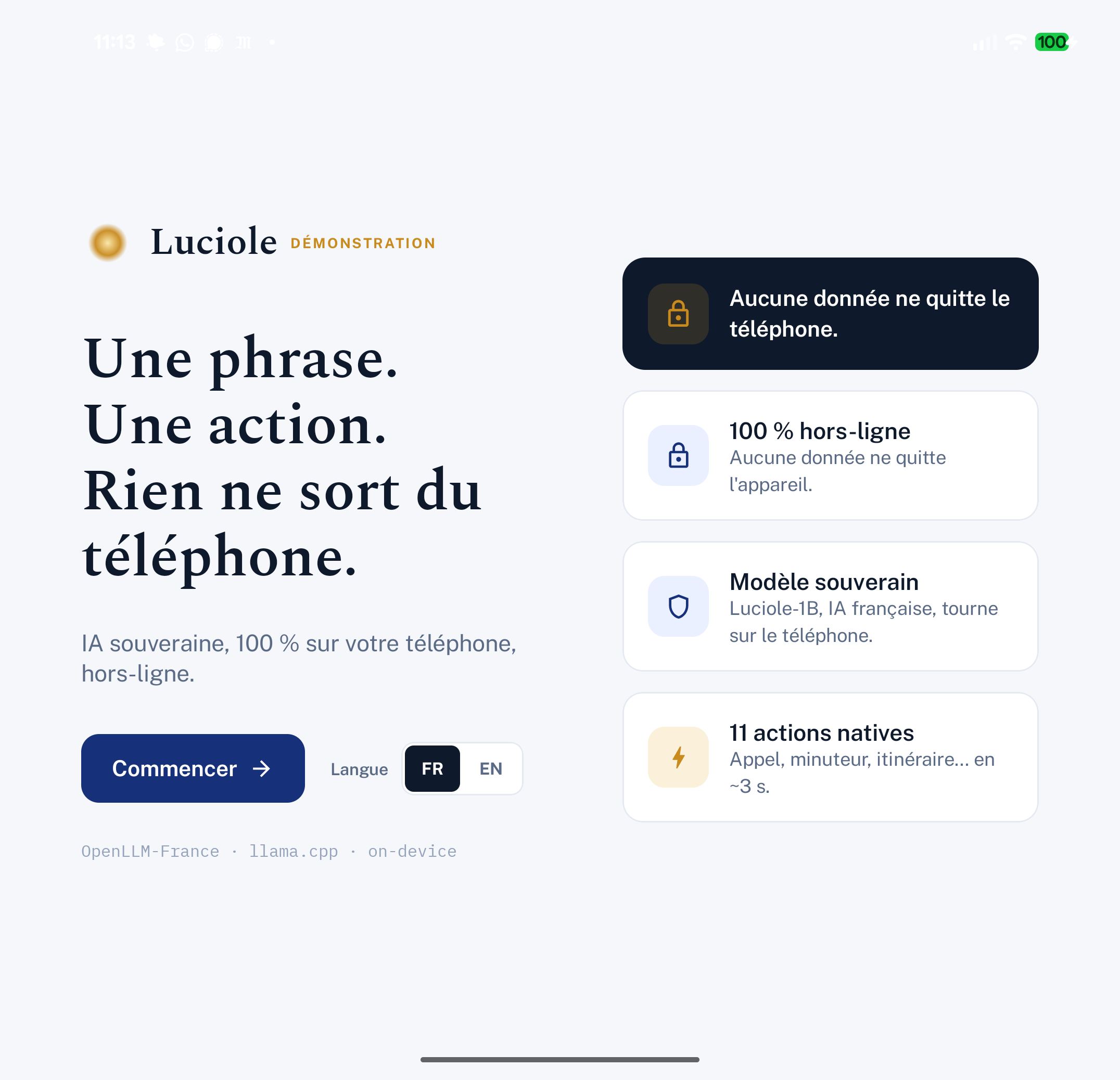 L'écran d'accueil de Luciole-Mobile : une phrase, une action, rien ne sort du téléphone.