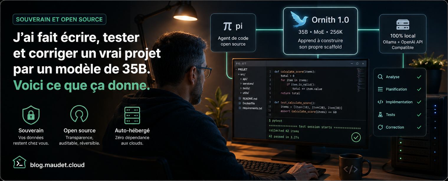 Un agent open source piloté par un modèle 35B, sur ma propre infra : génération, tests, revue, correctifs.