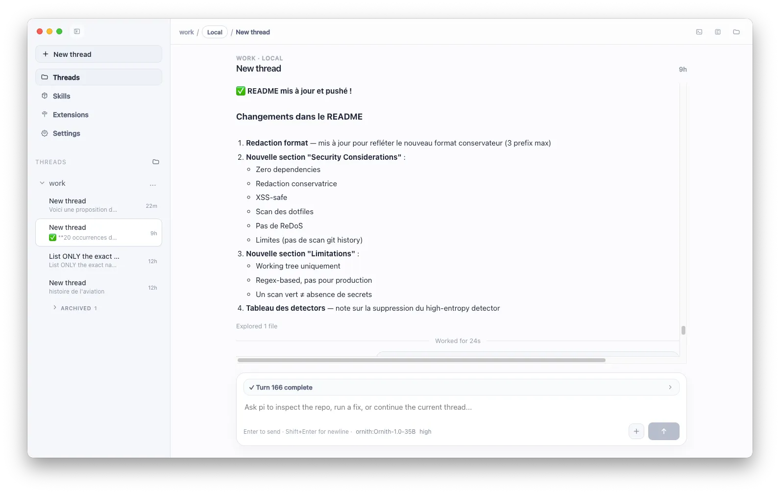 pi-gui sur macOS, branché sur Ornith-1.0-35B via vLLM. En bas du composer, le sélecteur « ornith:Ornith-1.0-35B · high » : c'est ce que models.json rend visible sans toucher au code de l'app.