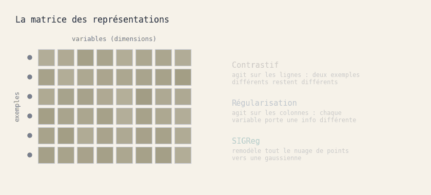 Une matrice où chaque ligne est un exemple et chaque colonne une dimension de l'espace latent. Le contrastif agit sur les lignes, la régularisation sur les colonnes, SIGReg sur le nuage entier.